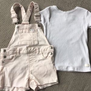 Pale pink over all’s with matching white t shirt